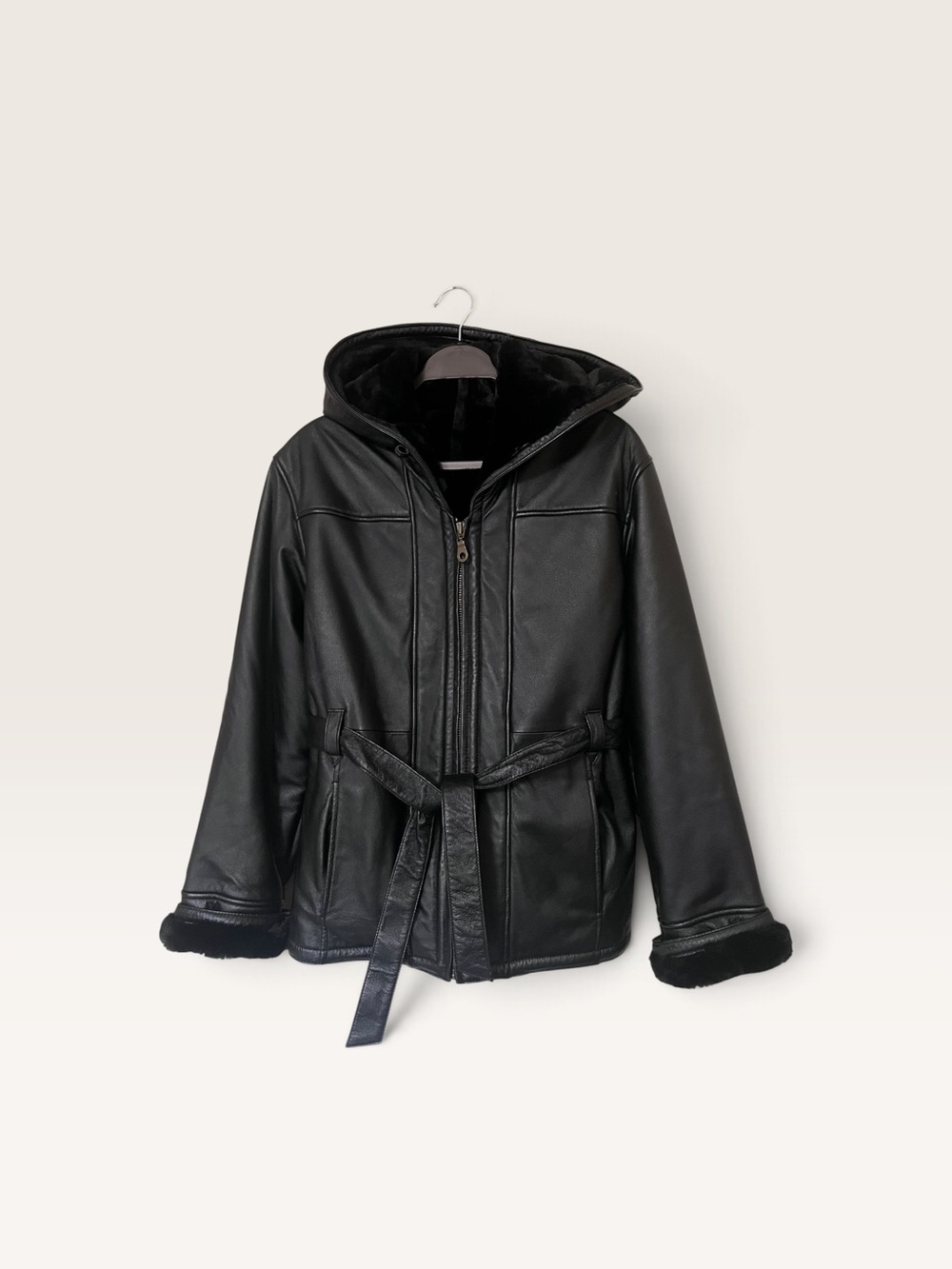 Vintage Wilson’s Leather Belted Black Coat with Hood and Plush Faux Fur
Lining